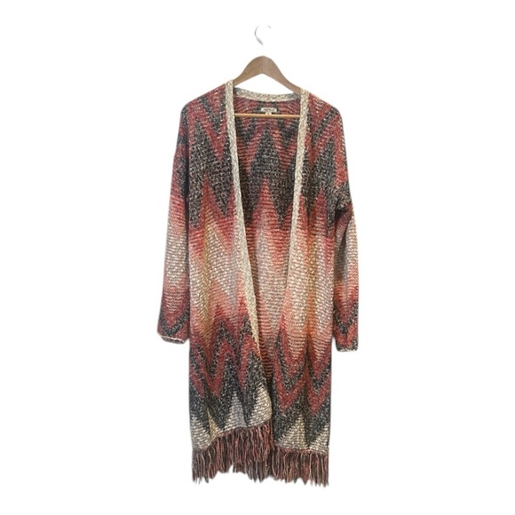 Lucky Brand Aztec Print Southwestern print Long Open Fringe Cardigan Size M - Picture 1 of 13